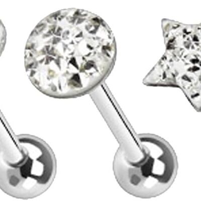 Set di 3 piercing al bilanciere in acciaio chirurgico 316L e zirconio trasparente - Cuore/Stella/Tondo - Lingua/Arcade