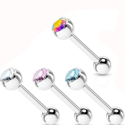 Set of 4 Barbell Piercing in 316 L Surgical Steel and Crystal - 4 Colors - Tongue/Arcade