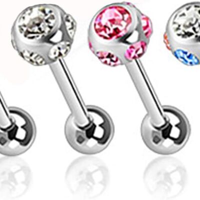 Set of 4 Barbell Piercings in 316L Surgical Steel and Zirconium Oxides - Barbell with Multiple Zircons