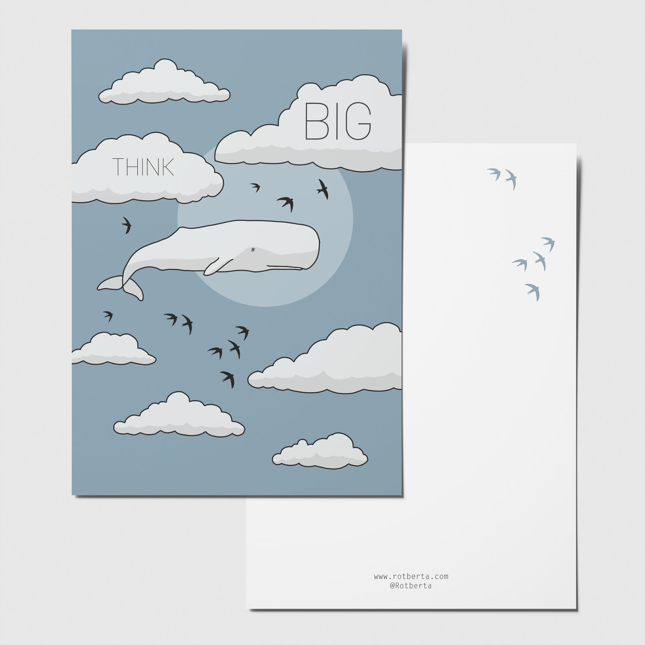 Cartolina PENSA IN GRANDE, biglietto di auguri con balena
