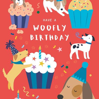 Tarjeta de cumpleaños infantil con perros y pasteles divertidos