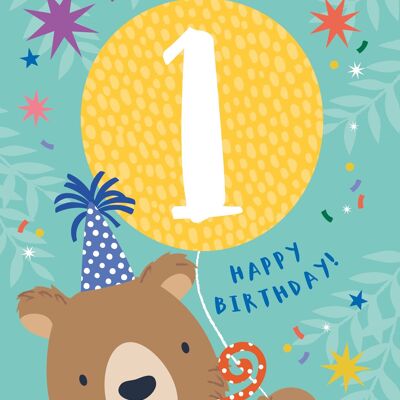 Biglietto di compleanno per bambini di 1 anno con orsetto carino