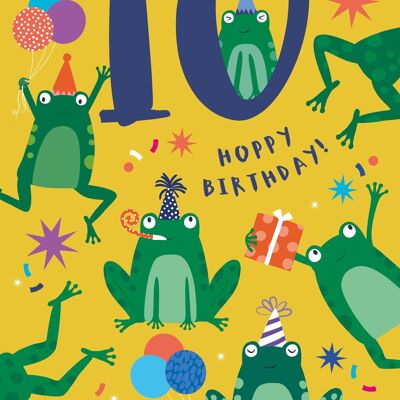 Tarjeta de cumpleaños de ranas divertidas de 10 años