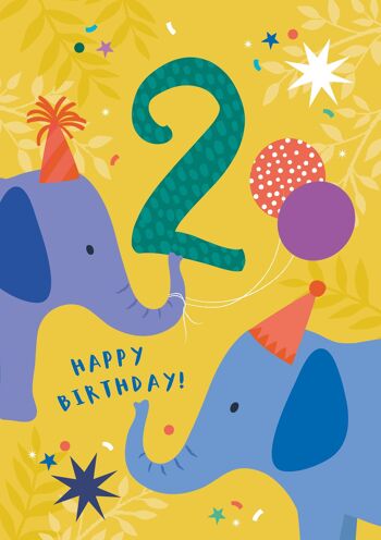 Carte d'anniversaire d'éléphants mignons de 2 ans 1