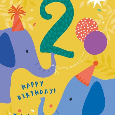 Carte d'anniversaire d'éléphants mignons de 2 ans