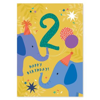 Carte d'anniversaire d'éléphants mignons de 2 ans 2