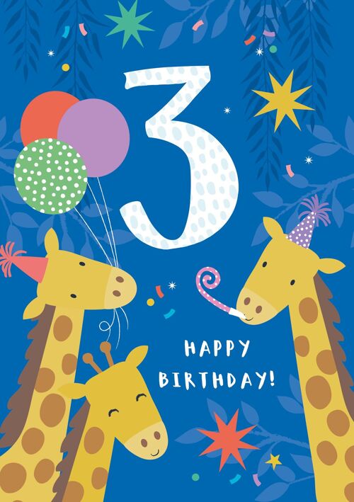 Age 3 Giraffe's Birthday Card