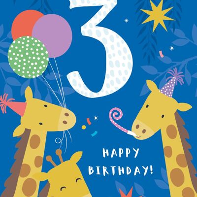 Tarjeta de cumpleaños de jirafa de 3 años