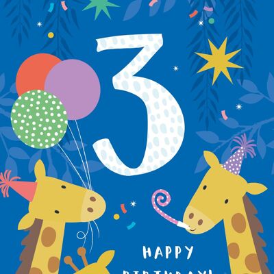 Tarjeta de cumpleaños de jirafa de 3 años