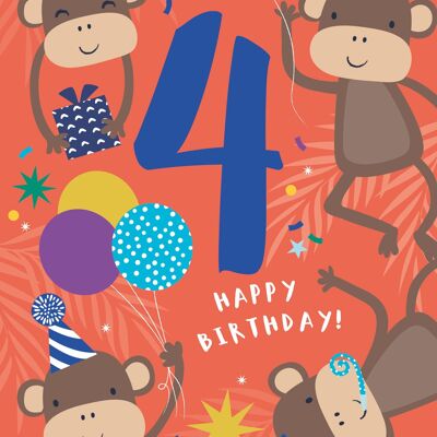 Age 4 Fun Monkeys Birthday Card