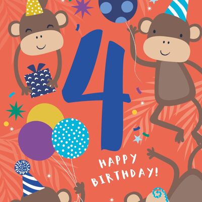 Age 4 Fun Monkeys Birthday Card