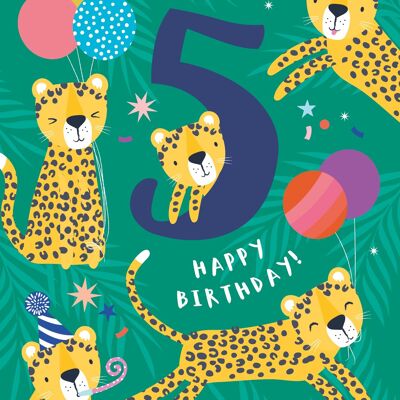Biglietto d'auguri per la festa dei leopardi di 5 anni
