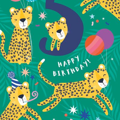 Biglietto d'auguri per la festa dei leopardi di 5 anni
