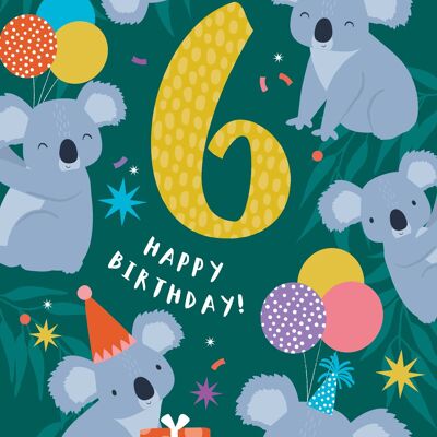 Carte d'anniversaire de koalas mignons de 6 ans