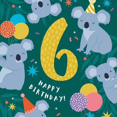 Carte d'anniversaire de koalas mignons de 6 ans