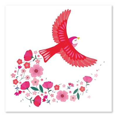 Tarjeta en blanco floral pájaro rojo / tarjeta de arte