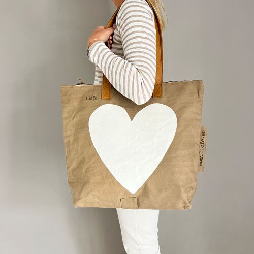 ShopperBag (vintage dark canvas) white heart - handpainted