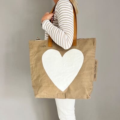 ShopperBag (vintage dunkles Canvas) weißes Herz - handbemalt