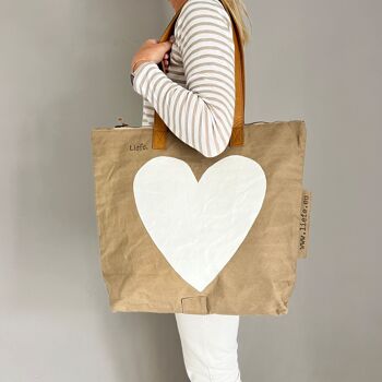 ShopperBag (toile foncée vintage) coeur blanc - peint à la main 1