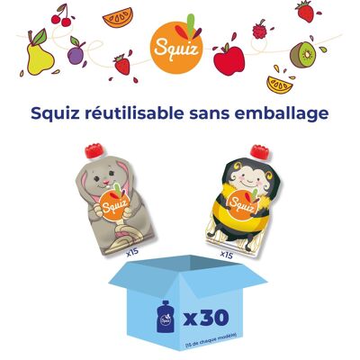 BULK - Scatola da 30 bottiglie di composta riutilizzabili per bambini - SQUIZ - 15 Conigli + 15 Api - Senza imballaggio