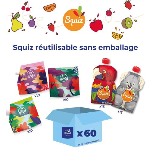 VRAC - Box de 30 Gourdes à compote réutilisables Enfants SQUIZ + 30 sacs à vrac doseur FILLGOOD - Sans Emballage