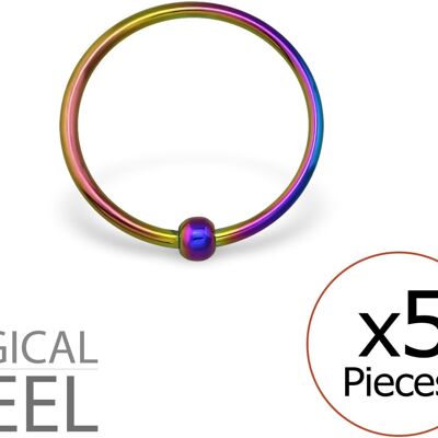 Set of 5 Nose Piercings in 316L Surgical Steel Rainbow - Hoop Ring - 12 mm