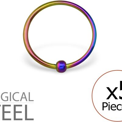 Set di 5 piercing al naso in acciaio chirurgico 316L Arcobaleno - Anello a cerchio - 12 mm