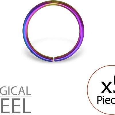 Set of 5 Nose Piercings in 316L Surgical Steel Rainbow - Closed Ring 10 mm