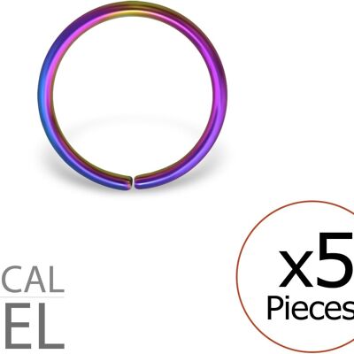 Set of 5 Nose Piercings in 316L Surgical Steel Rainbow - Closed Ring 10 mm