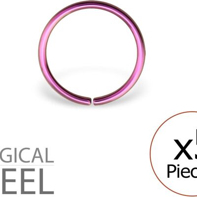 Set of 5 Nose Piercings in 316L Surgical Steel Pink - Closed Ring 10 mm