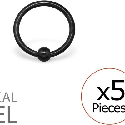 Set of 5 Nose Piercings in Black 316L Surgical Steel - 8 mm Captive Ring
