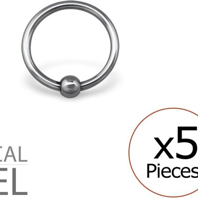 Set of 5 Nose Piercings in Silver 316L Surgical Steel - Captive Ring 8 mm
