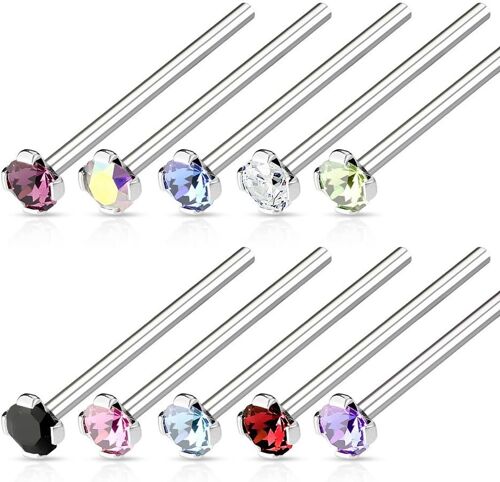 Lot de 10 Piercing de Nez en Acier Chirurgical 316L Argenté et Cristal de Couleur - Tige Droite 19 mm - 10 Couleurs Différentes