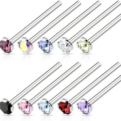 Lot de 10 Piercing de Nez en Acier Chirurgical 316L Argenté et Cristal de Couleur - Tige Droite 19 mm - 10 Couleurs Différentes