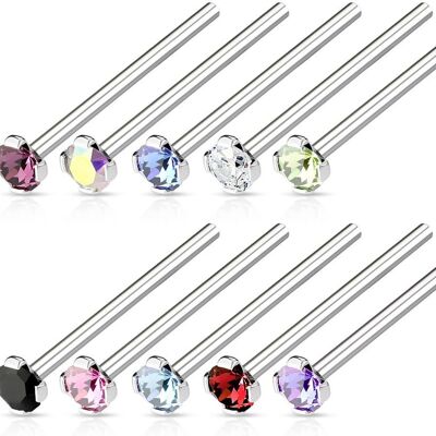 Set of 10 Nose Piercing in 316L Surgical Steel Silver and Colored Crystal - Straight Shank 19 mm - 10 Different Colors
