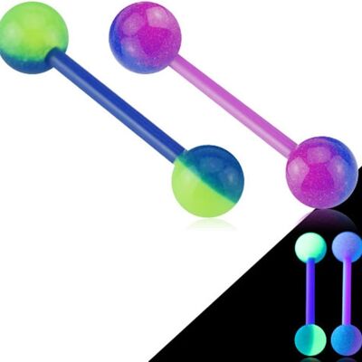 Set di 2 piercing al bilanciere in acrilico fosforescente - 2 colori - flessibili - lingua/bordo