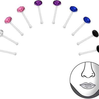 Set of 10 Nose Piercings in 925/000 Silver Rhodium Plated and Crystal - Assorted Colors