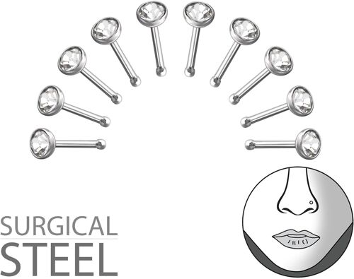 Lot de 10 Piercing Nez en Acier Chirurgical 316L et Cristal 2,6 mm