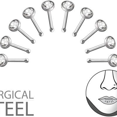 Set of 10 Nose Piercings in 316L Surgical Steel and Crystal 2.6 mm