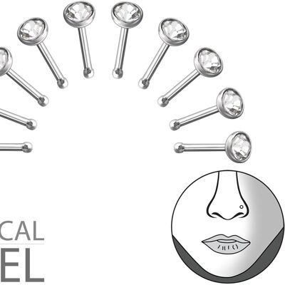 Set of 10 Nose Piercings in 316L Surgical Steel and Crystal 2.6 mm