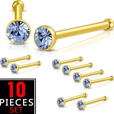 Set of 10 Nose Piercings in 316L Surgical Steel Gold and Blue Crystal
