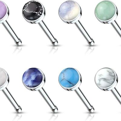 Set of Nose Bend Piercing in 316L Surgical Steel with Semi-Precious Stone - Set of 8 Piercings - 3 mm