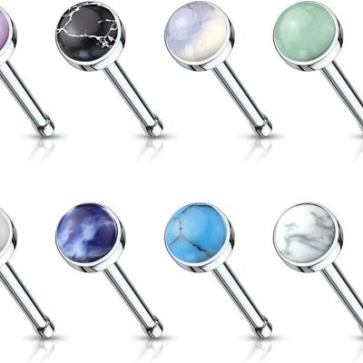 Set of Nose Bend Piercing in 316L Surgical Steel with Semi-Precious Stone - Set of 8 Piercings - 3 mm