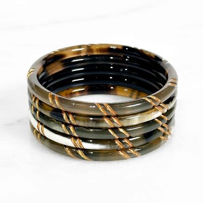 Natural horn bracelet - Gold leaf details - Dark Horn