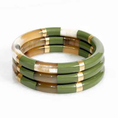 Thick real horn bangle - Khaki - Gold leaves