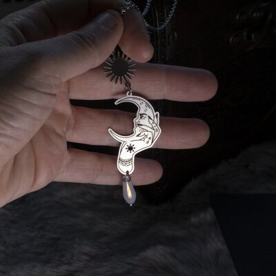 stainless steel hand and moon pendant necklace
