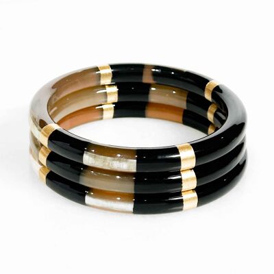 Thick real horn bangle - Black - Gold leaves