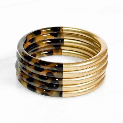 Real horn bracelet - Gold leaves and leopard