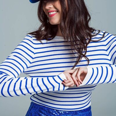 white thin sweater with blue stripes