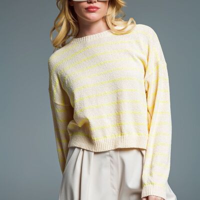 Sweater With Drop Shoulders in Beige with Yellow Stripes